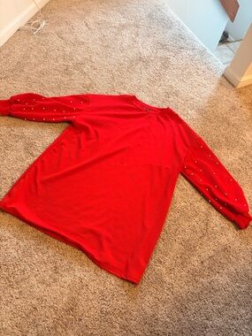 Red Pearl-Accent Women's Long Sleeve Top